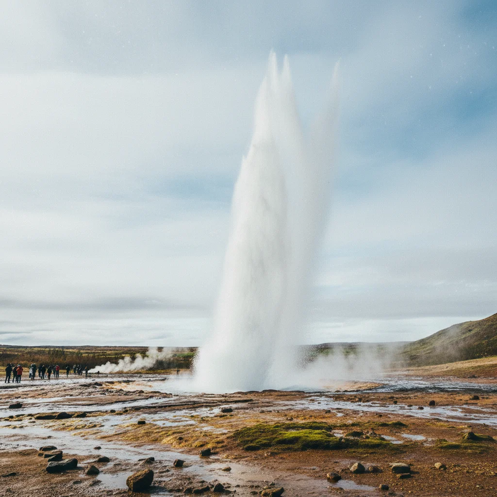 Geysir Strokkur bricht aus und schleudert eine Wassersäule in den Himmel