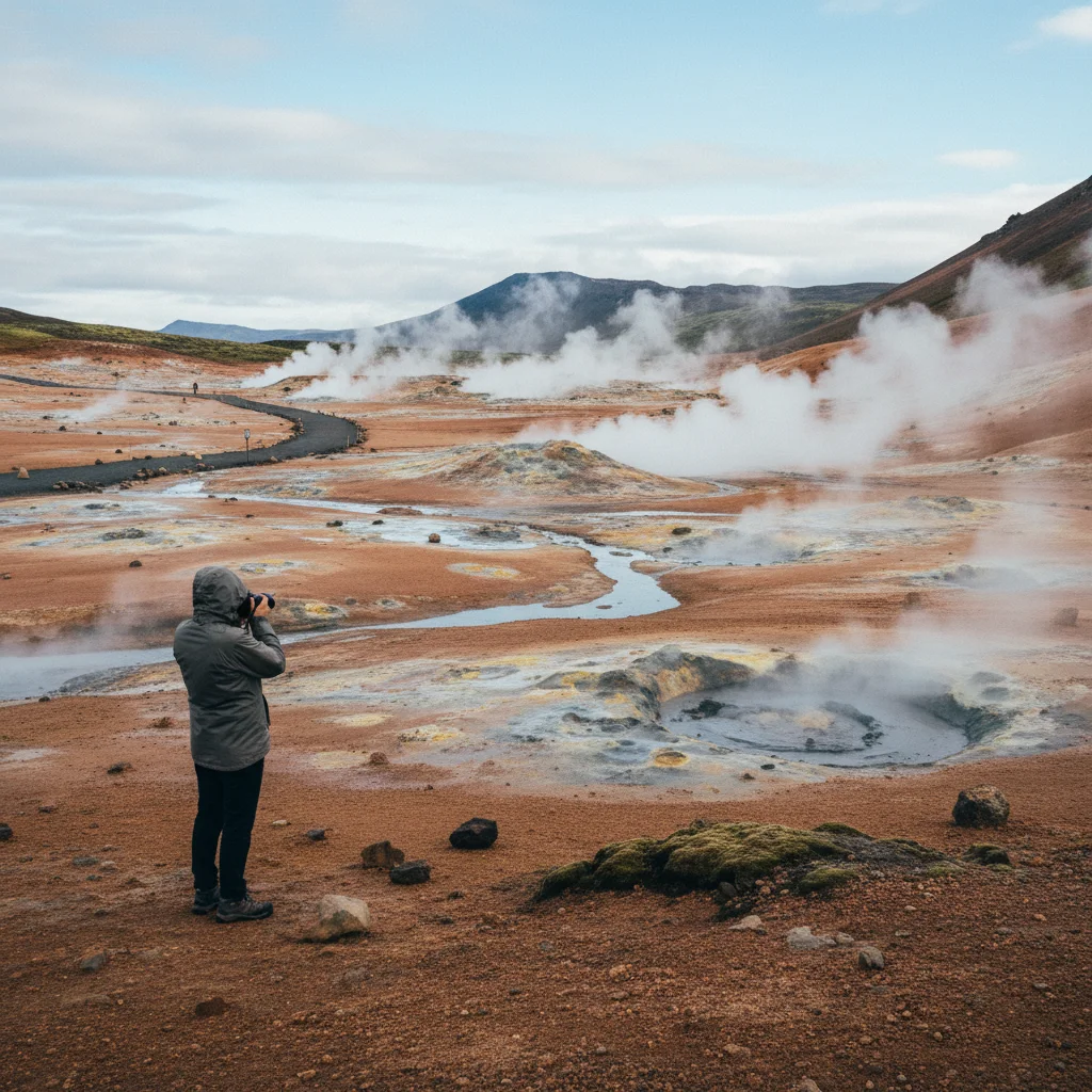 Dampfende Schlammquellen und Fumarolen im Geothermalgebiet Námafjall bei Mývatn
