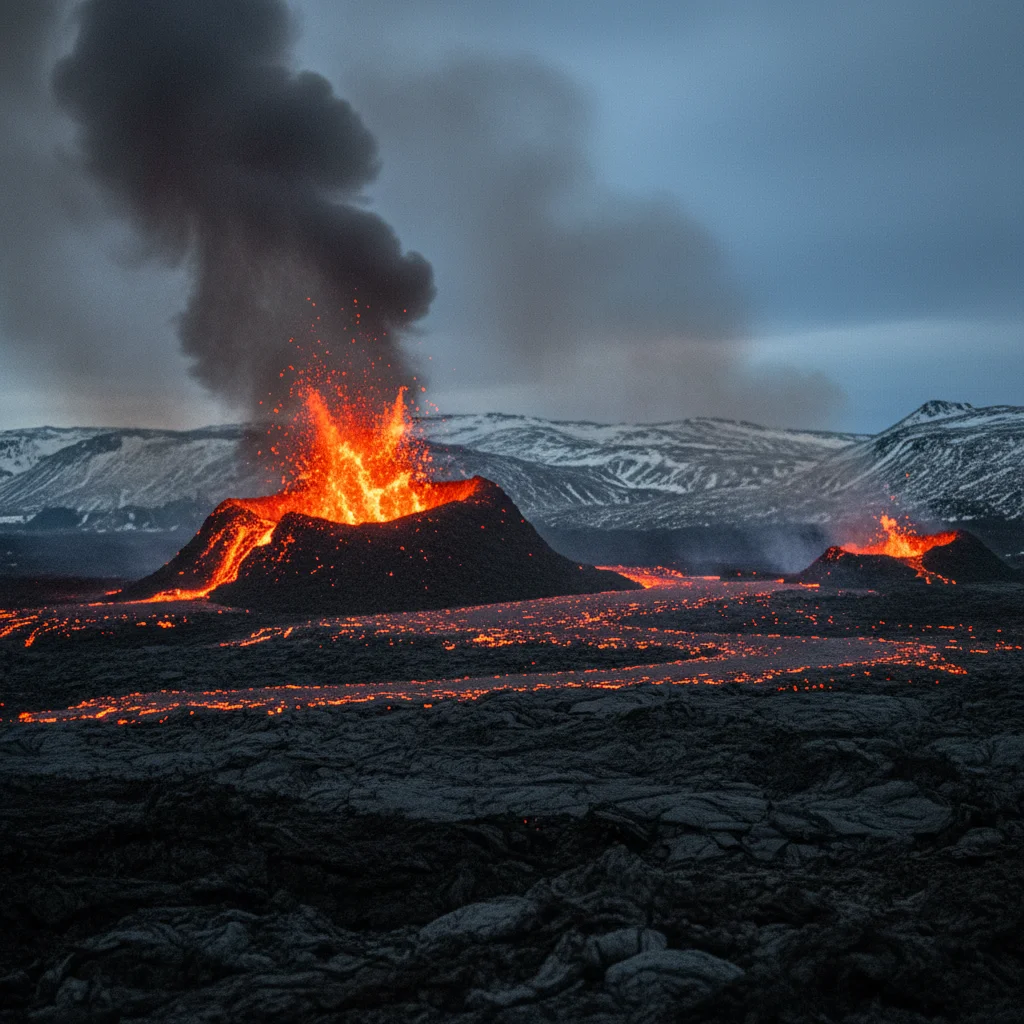 Aktiver Vulkanausbruch auf Island mit Lavafontänen und aufsteigendem Rauch