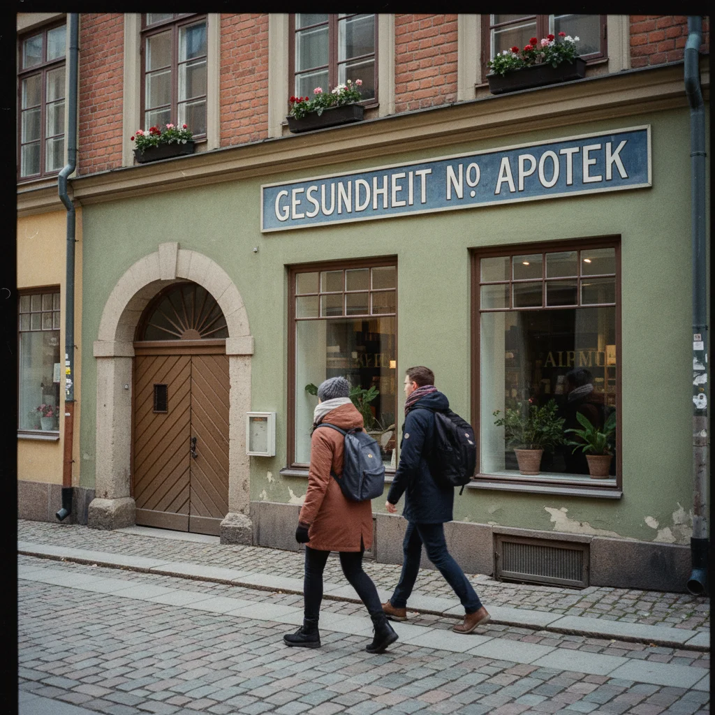 Norwegische Apotheke (Apotek) mit grünem Kreuz