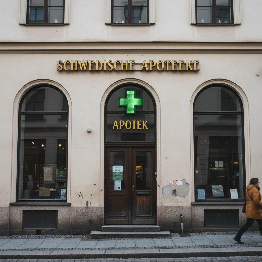 Schwedische Apotheke (Apotek) mit grünem Kreuz