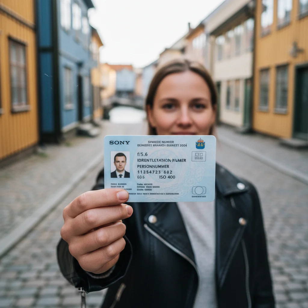 Person hält schwedische ID-Karte mit Personnummer