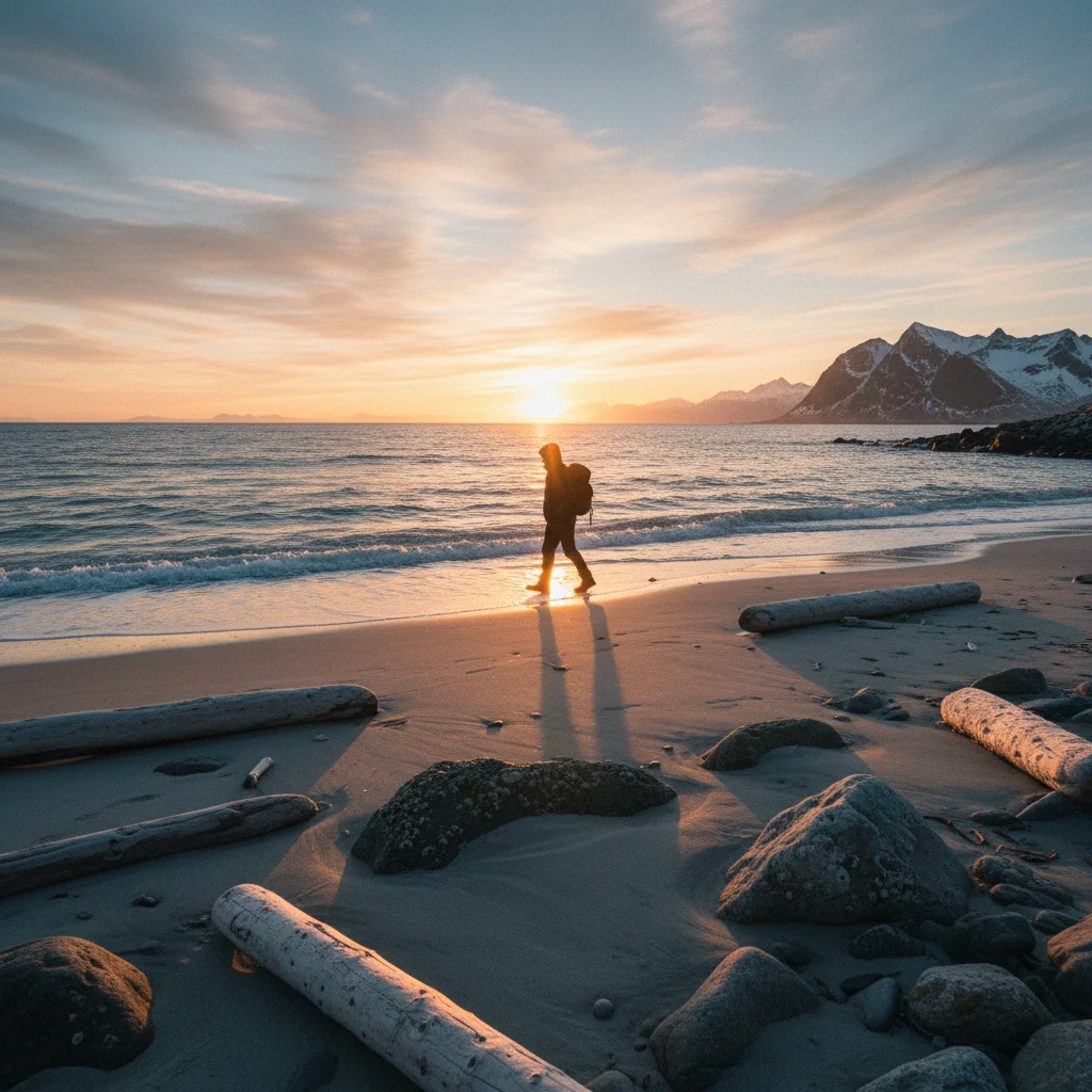 Mitternachtssonne über dem Strand von Gimsøy
