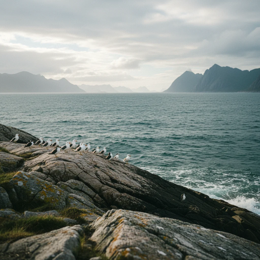 Seevögel an der Küste von Gimsøy mit Meer im Hintergrund