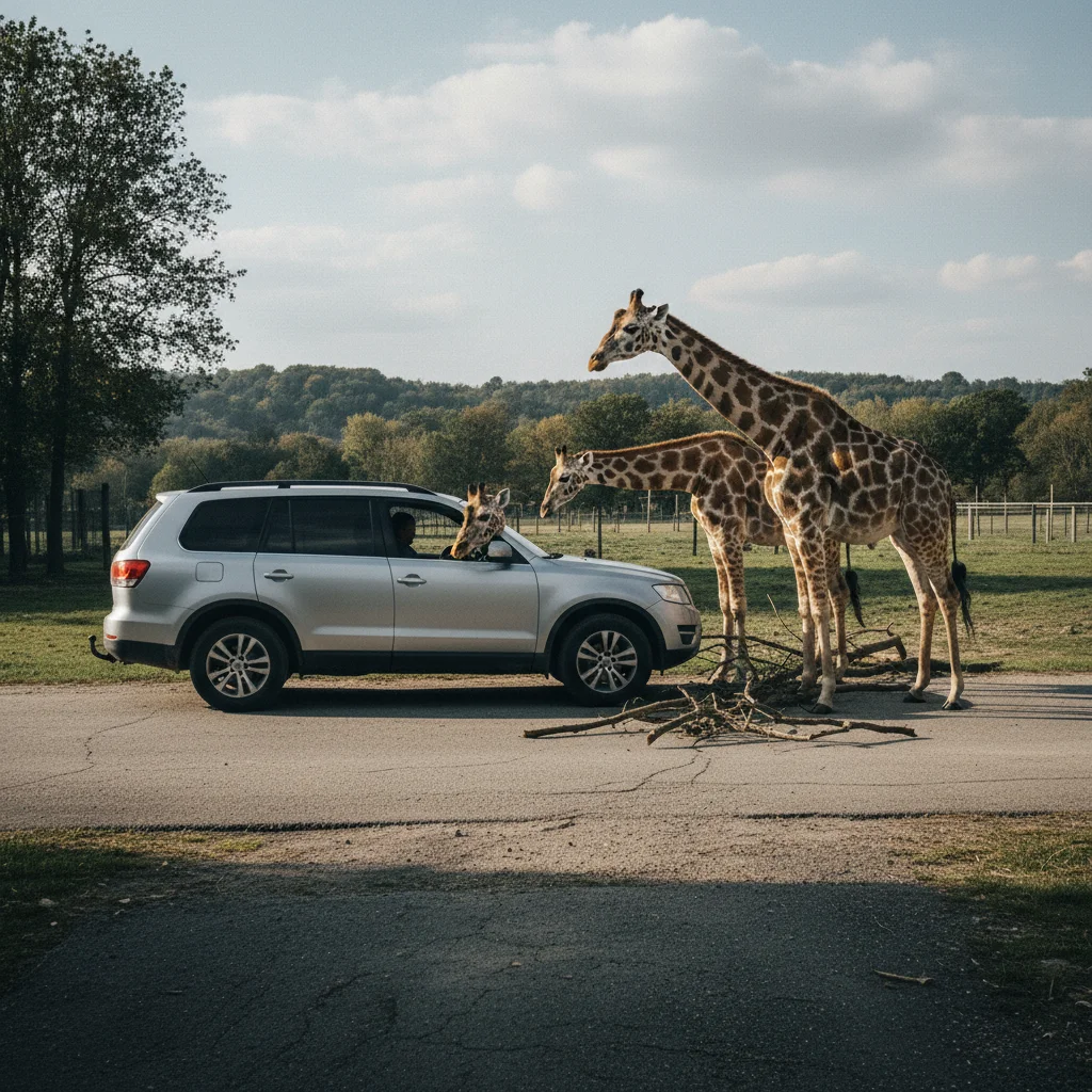 Giraffen neben einem Auto im Givskud Zoo