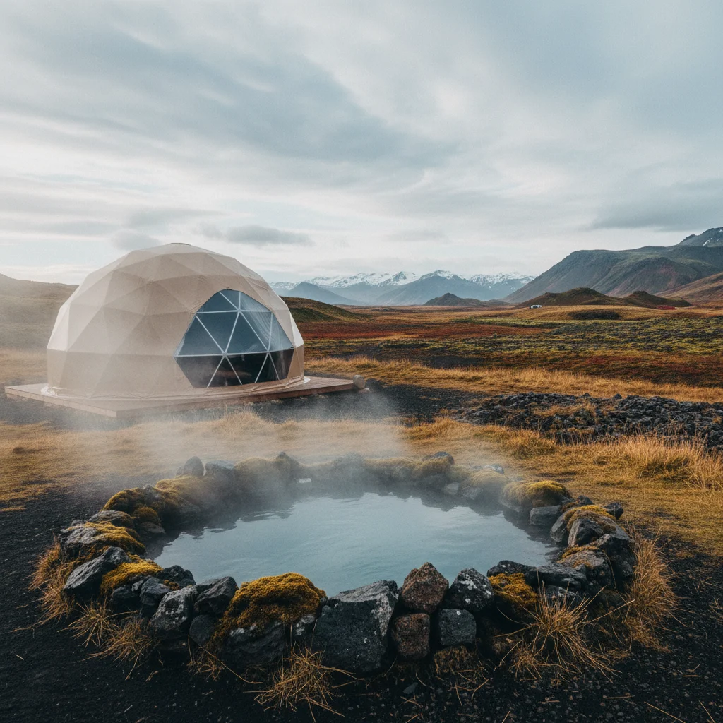 Geothermischer Hot Tub vor einer Glamping-Unterkunft auf Island