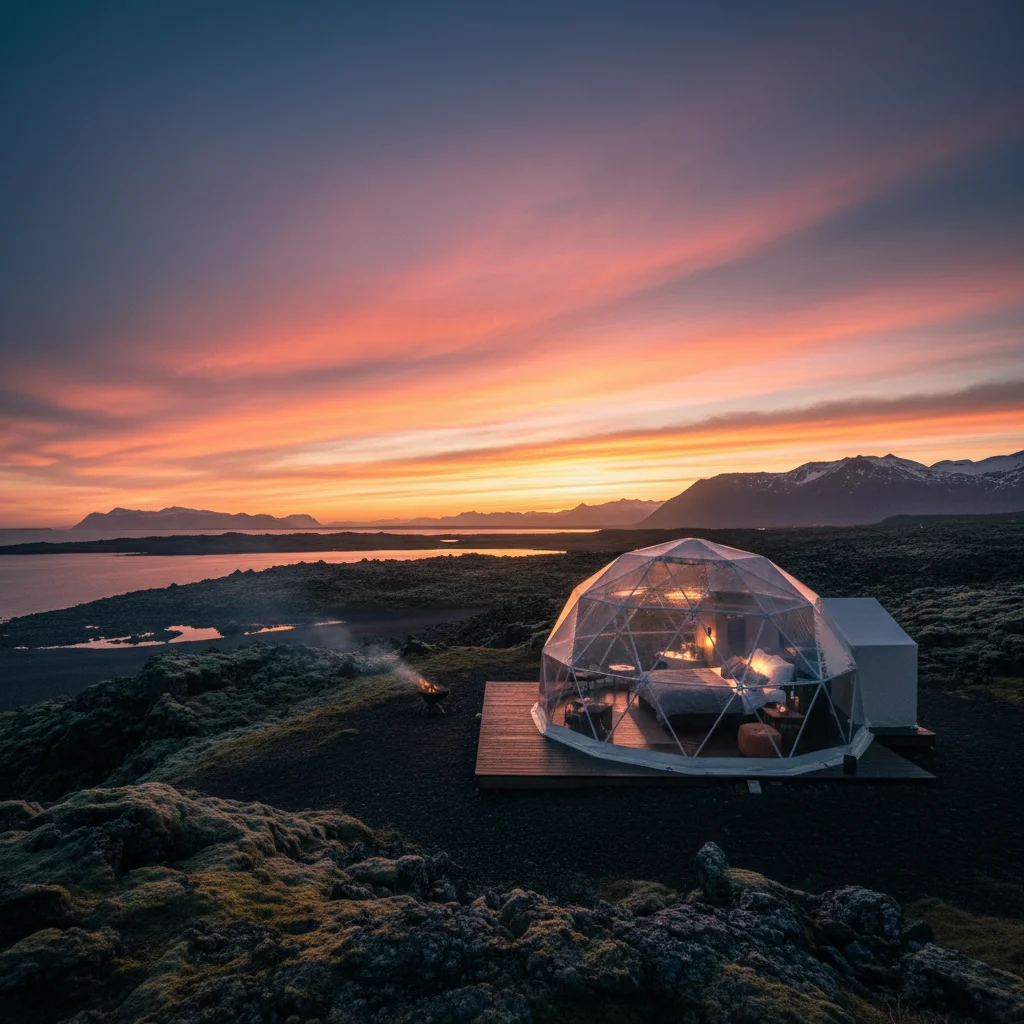 Glamping-Kuppel in isländischer Landschaft bei Sonnenuntergang