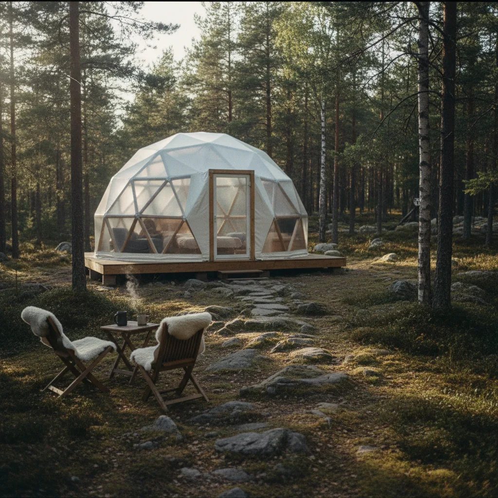 Transparente Glamping-Kuppel in nordnorwegischer Winterlandschaft