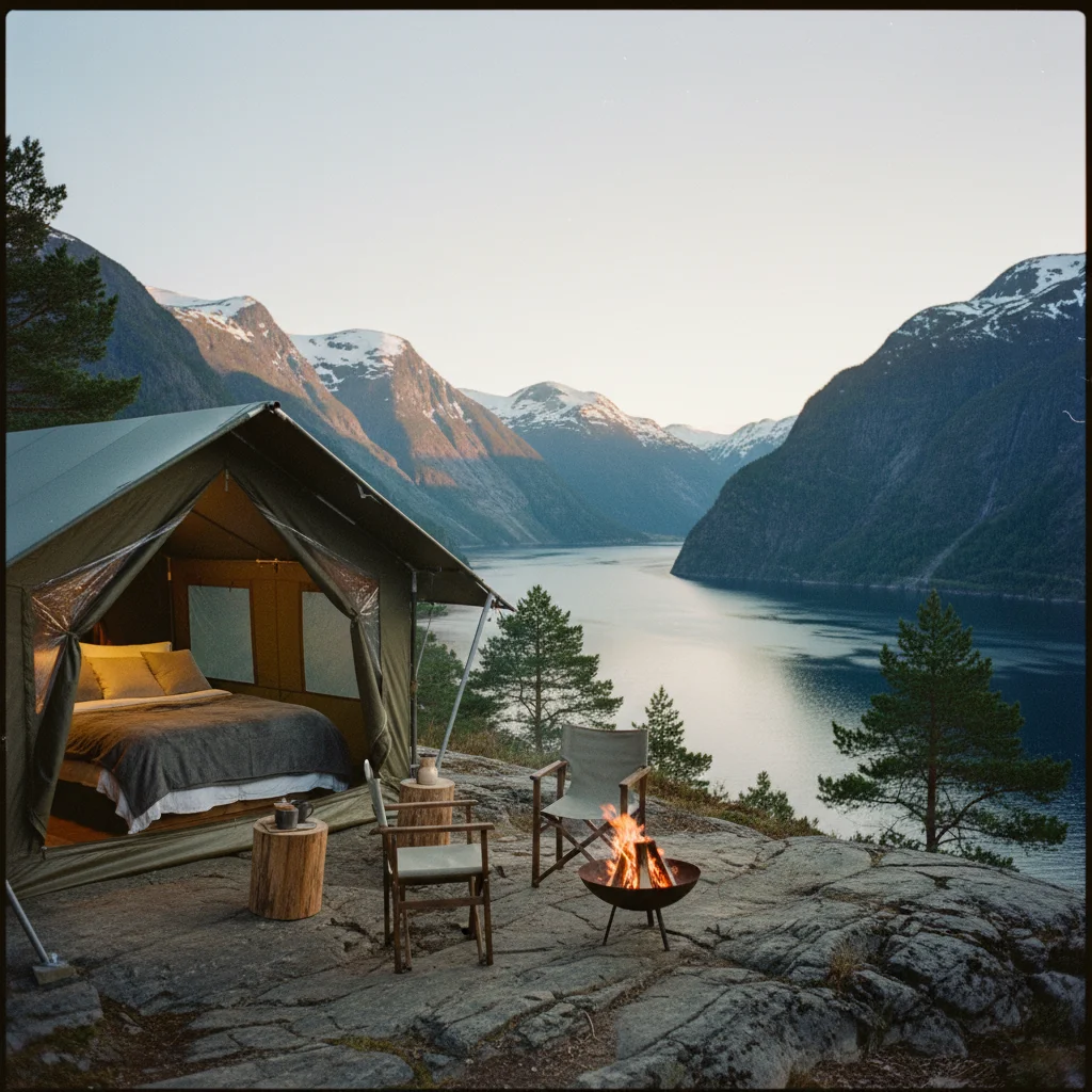 Glamping-Unterkunft mit Blick auf einen norwegischen Fjord