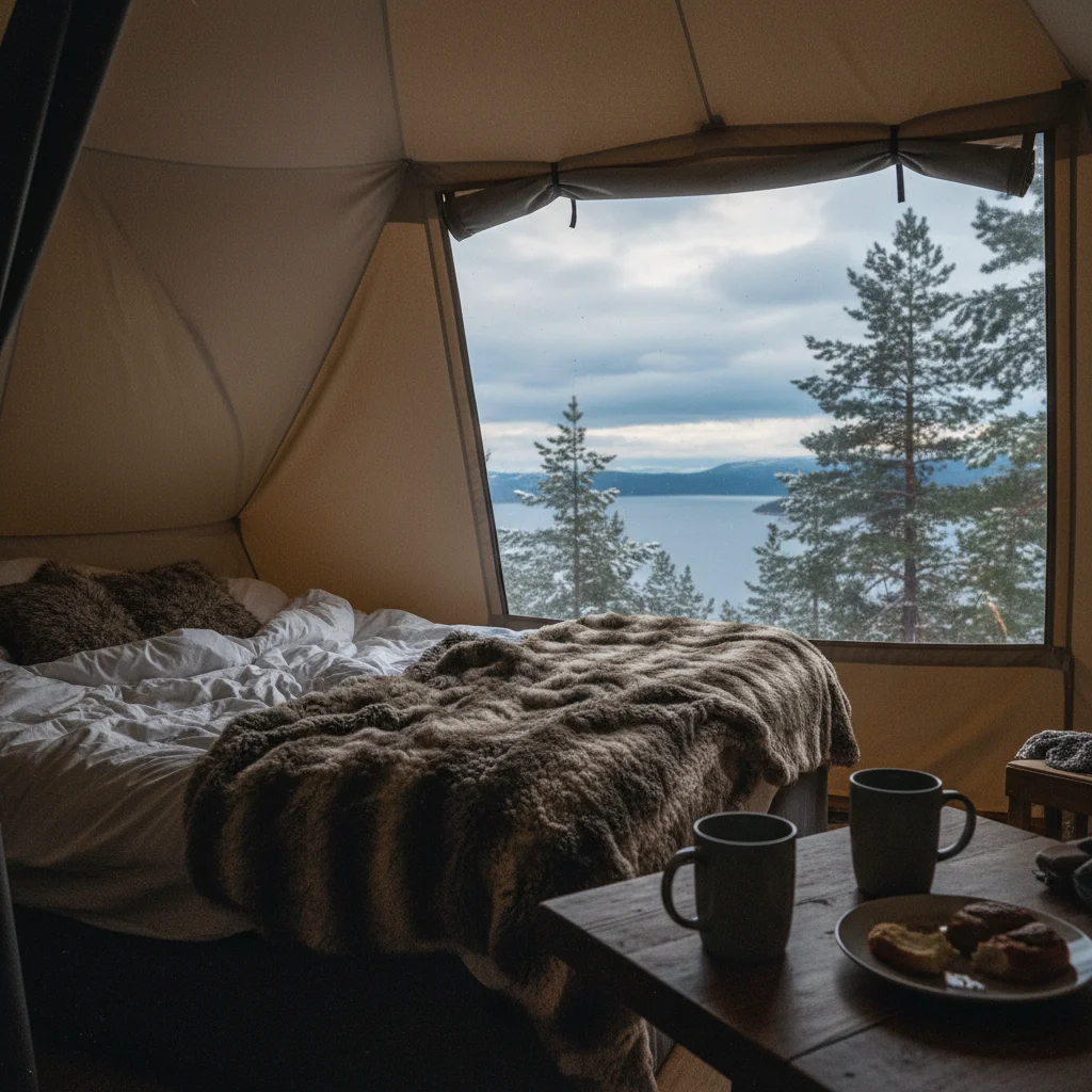 Innenraum einer luxuriösen Glamping-Unterkunft in Norwegen mit Holz und Fell
