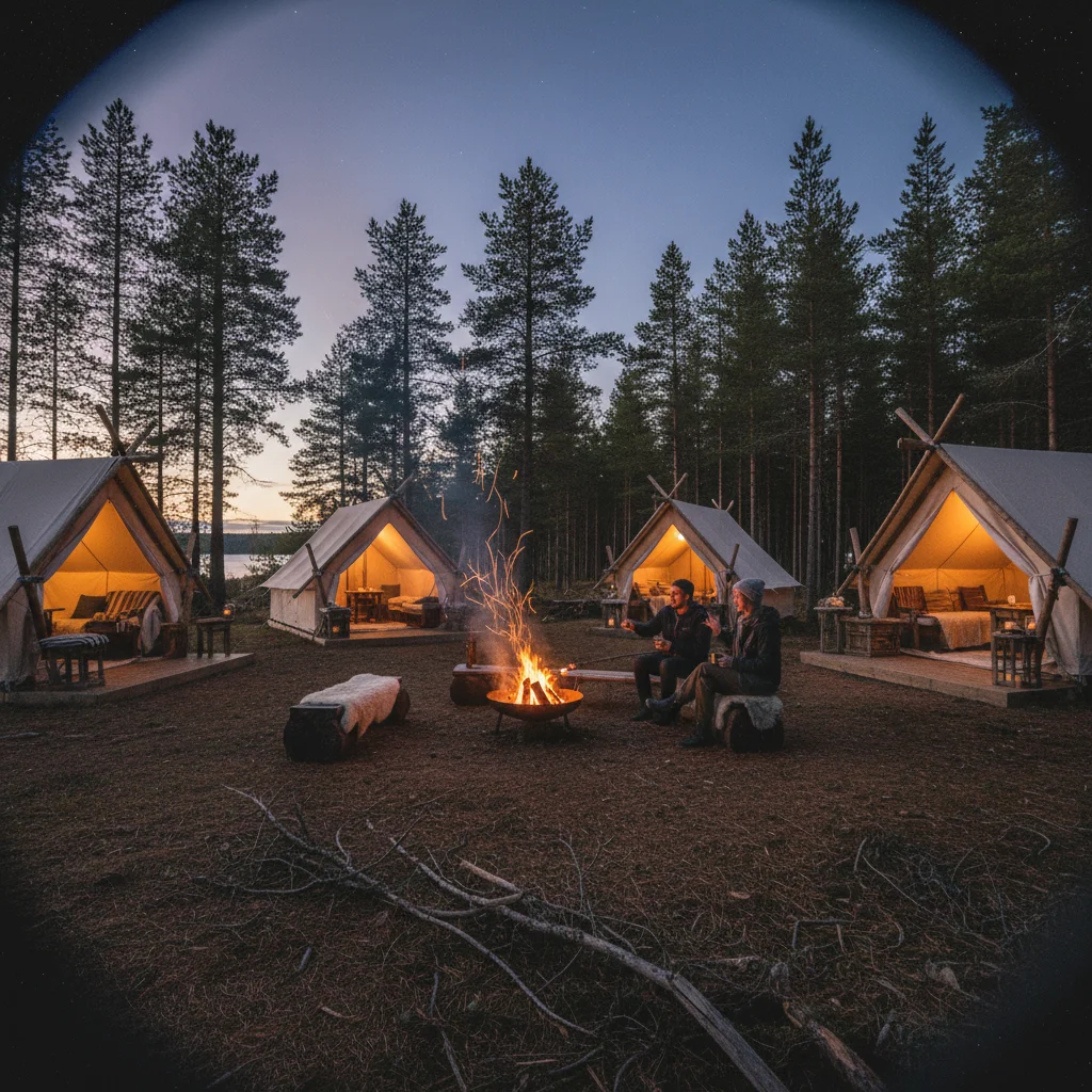 Abendliche Lagerfeuer-Szene bei einer norwegischen Glamping-Unterkunft