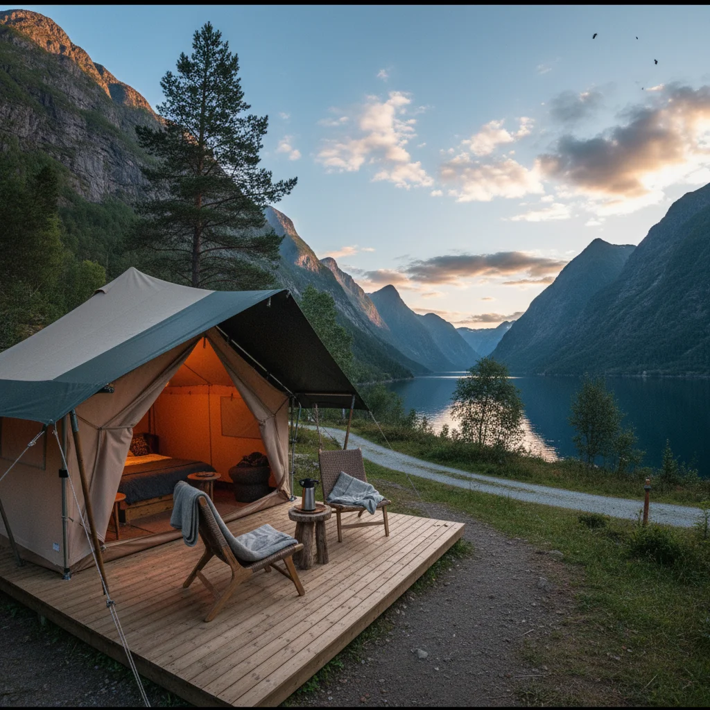 Glamping-Zelt an einem norwegischen Fjord mit Bergpanorama