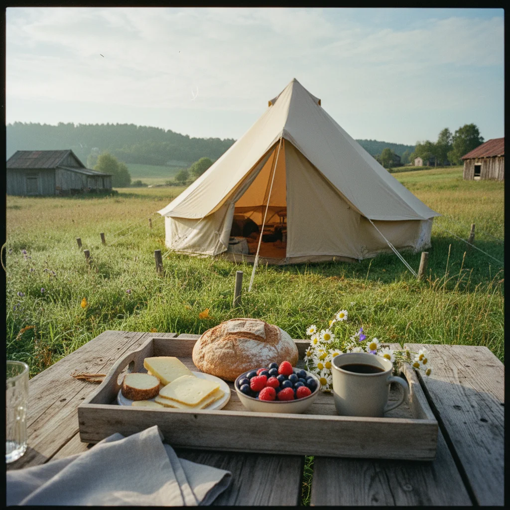 Frühstück auf der Veranda einer Glamping-Unterkunft in Schweden mit Blick auf den Wald