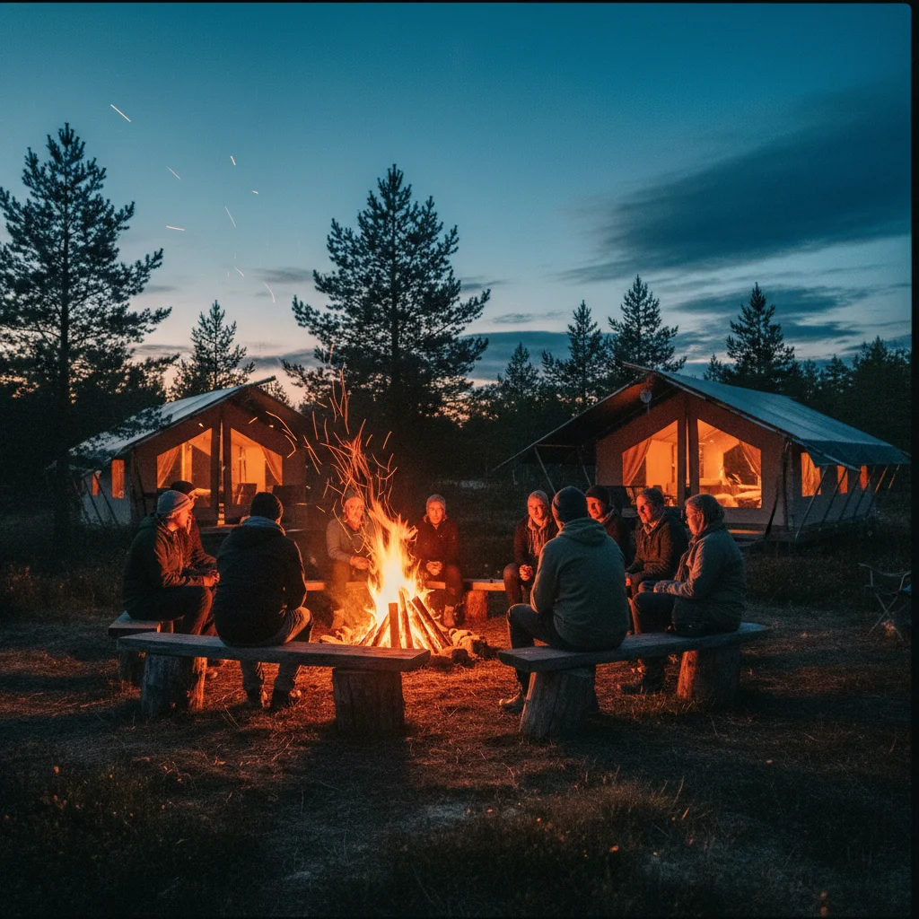 Lagerfeuer vor einem Glamping-Zelt in der schwedischen Wildnis bei Abenddämmerung