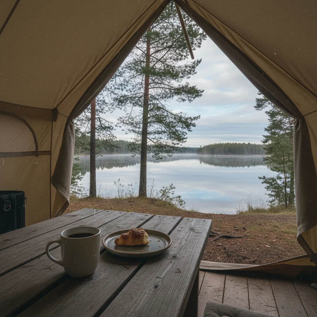 Glamping-Unterkunft an einem schwedischen See am frühen Morgen mit Nebel über dem Wasser