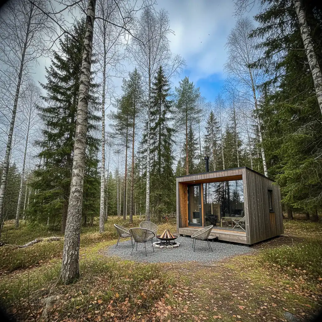 Glamping-Hütte im schwedischen Wald mit Holzveranda und Blick zwischen die Bäume