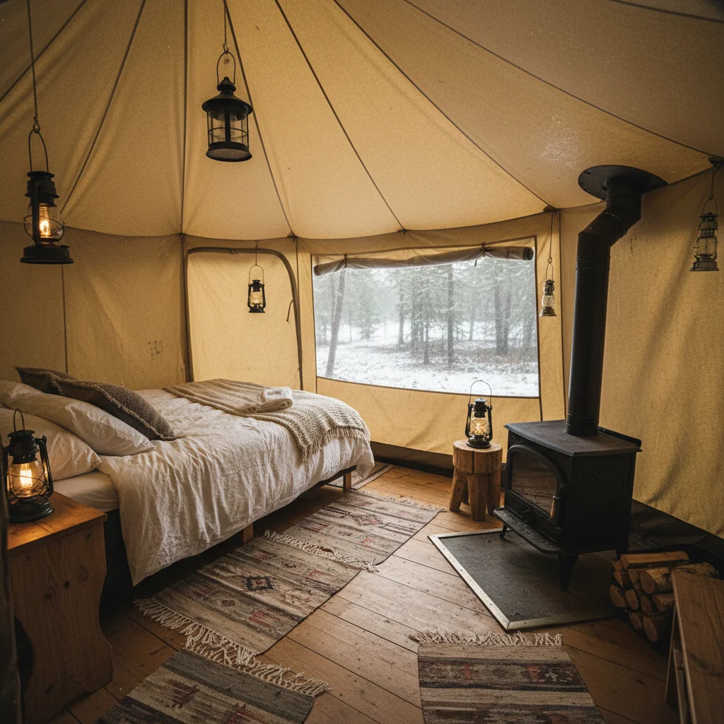 Innenansicht eines Glamping-Zelts in Schweden mit Holzmöbeln und Felldecken