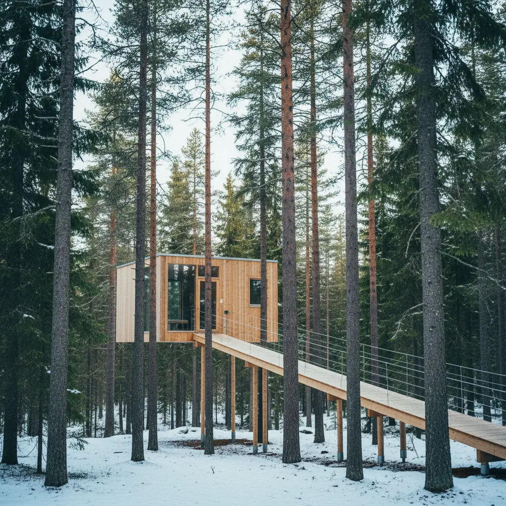 Modernes Baumhaus zwischen Kiefern in Schwedisch-Lappland