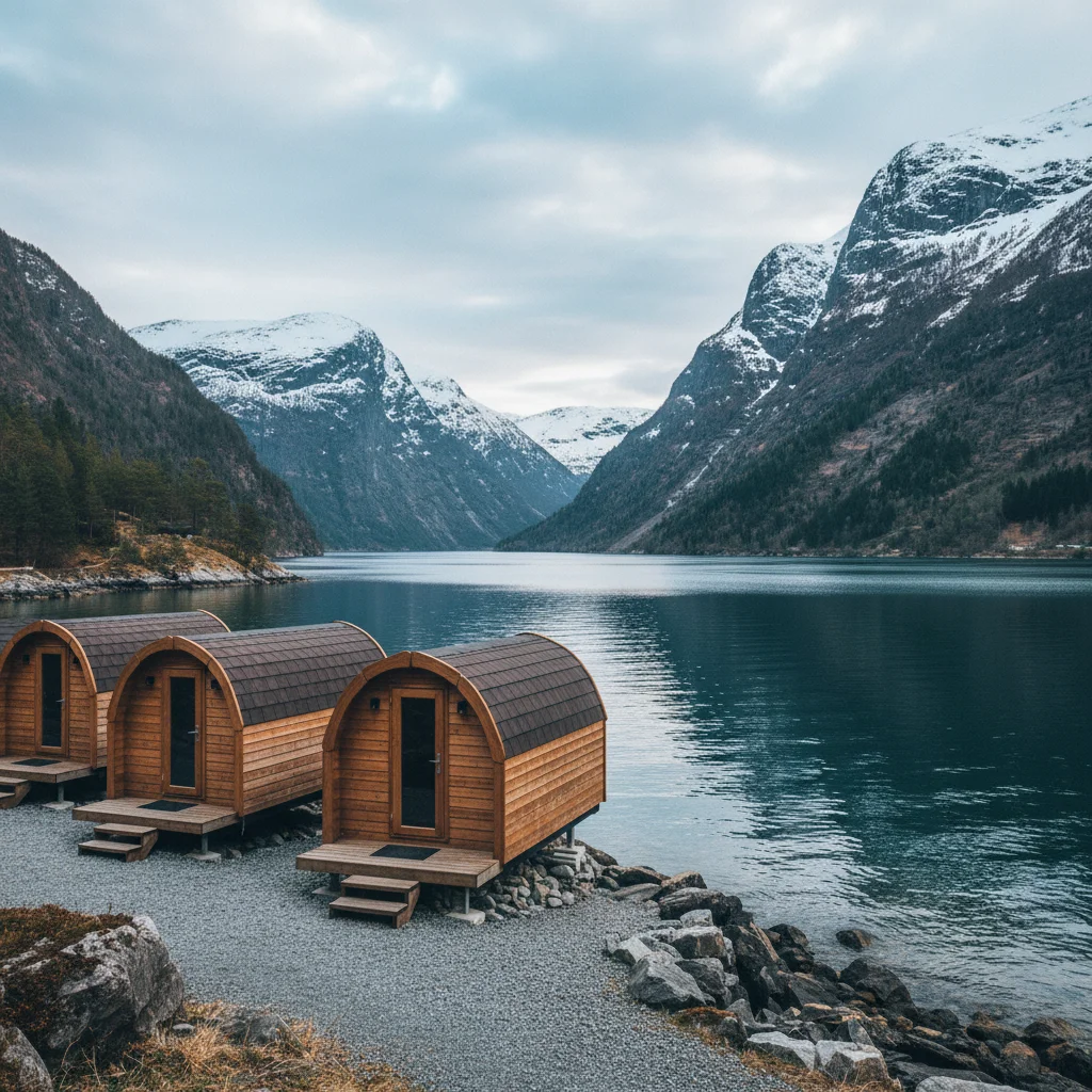 Camping-Pods an einem norwegischen Fjord