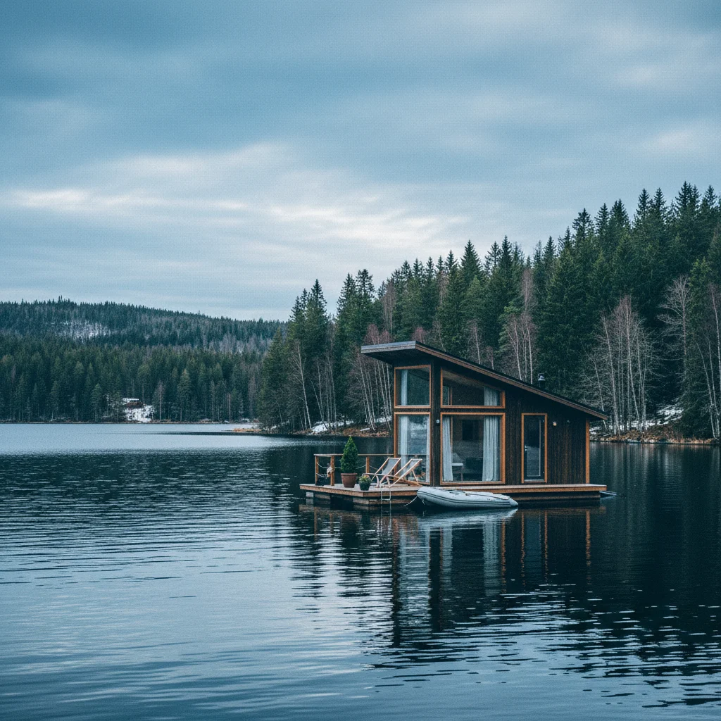 Schwimmende Glamping-Hütte auf einem schwedischen See
