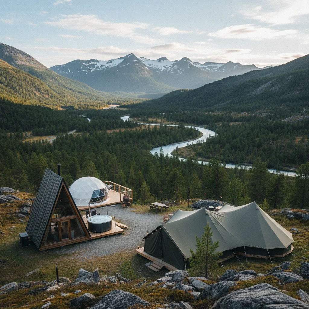 Verschiedene Glamping-Unterkünfte in skandinavischer Landschaft