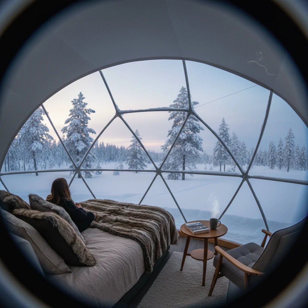 Innenansicht eines Glasiglus in Finnland mit Blick auf den Nachthimmel