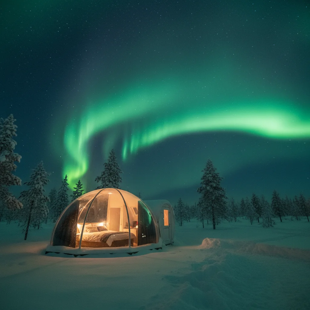 Glasiglu in Lappland unter grünem Nordlicht