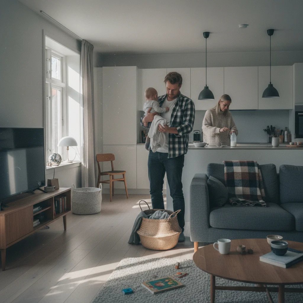 Vater und Mutter teilen sich Aufgaben in einem skandinavischen Haushalt