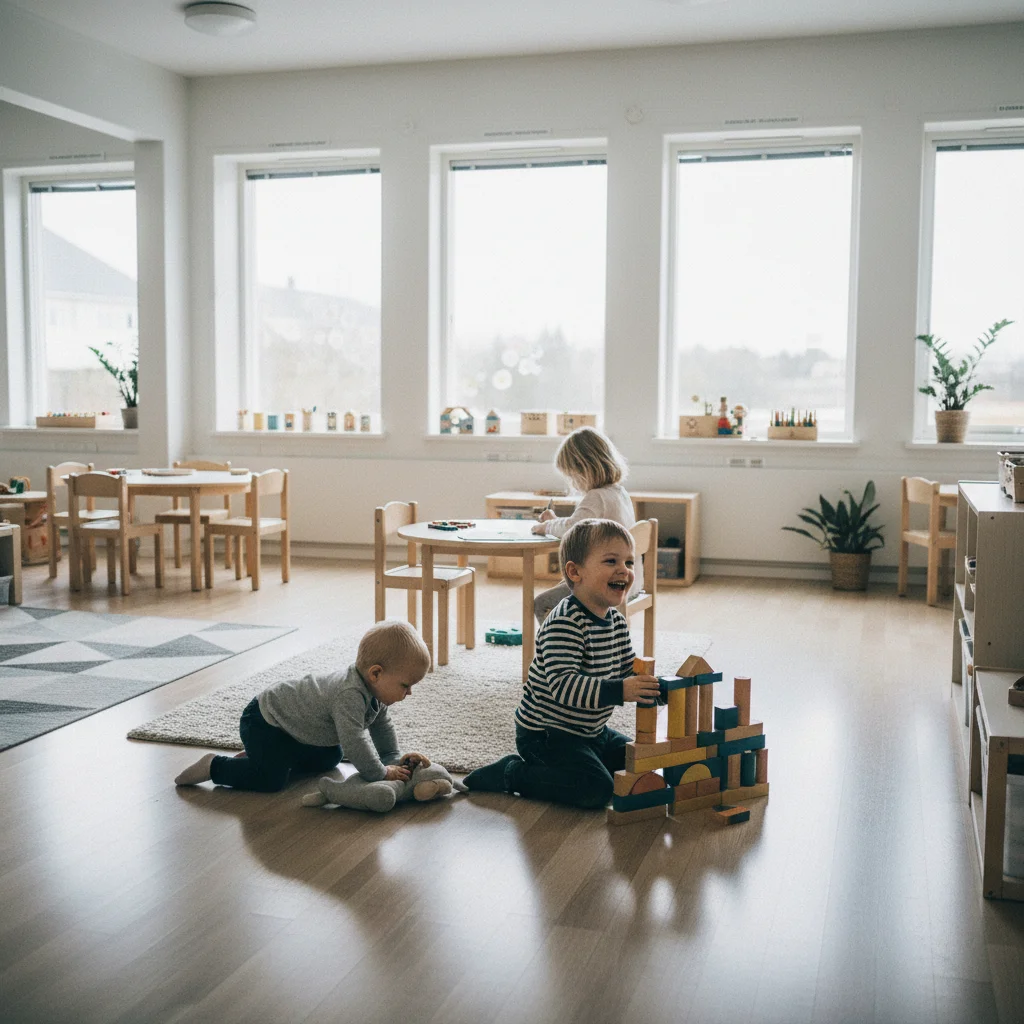 Kinder spielen in einer hellen, modernen skandinavischen Förskola