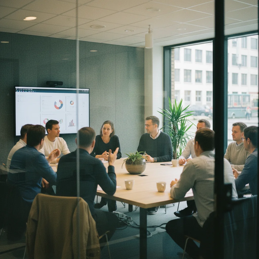 Gemischtes Team in einem modernen skandinavischen Büro bei einem Meeting