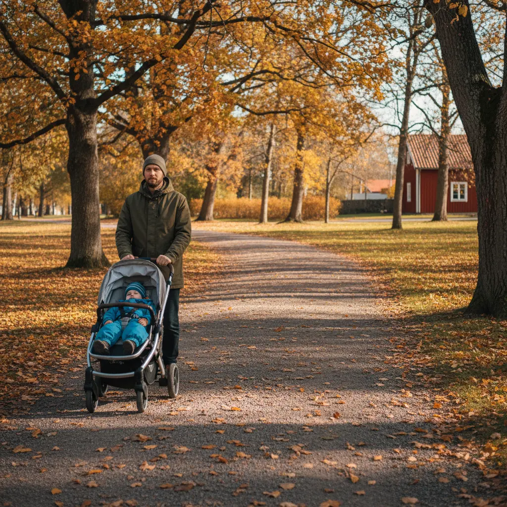 Vater mit kleinem Kind im Kinderwagen in einem schwedischen Park