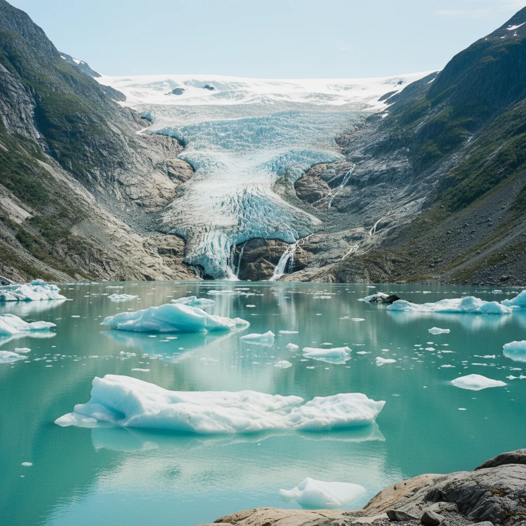 Der Briksdalsbreen Gletscher mit türkisem Gletschersee im Vordergrund