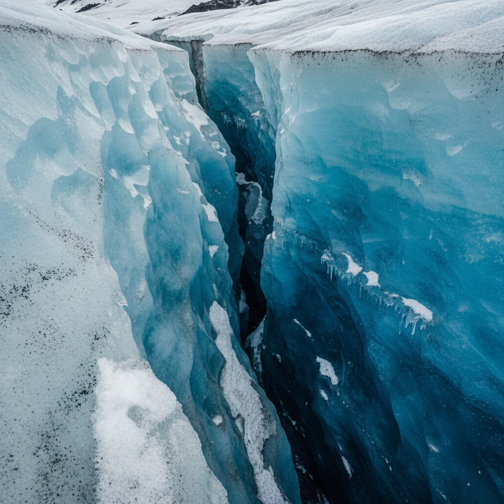 Nahaufnahme einer Gletscherspalte mit blauem Eis auf Island