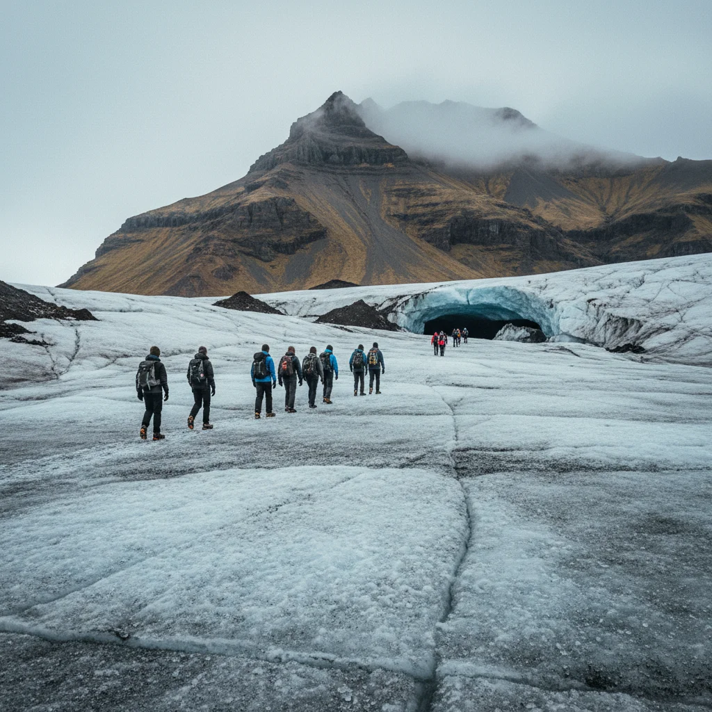 Wandergruppe mit Steigeisen auf einem isländischen Gletscher