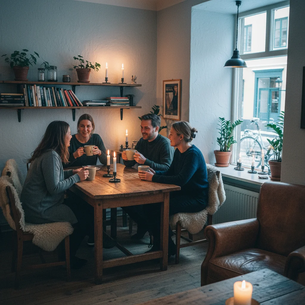 Menschen trinken Kaffee in einem gemütlichen skandinavischen Café mit Kerzen und Holzmöbeln