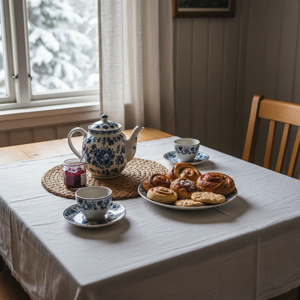 Einfach gedeckter Tisch in einem schwedischen Haus mit Kaffeekanne und Gebäck