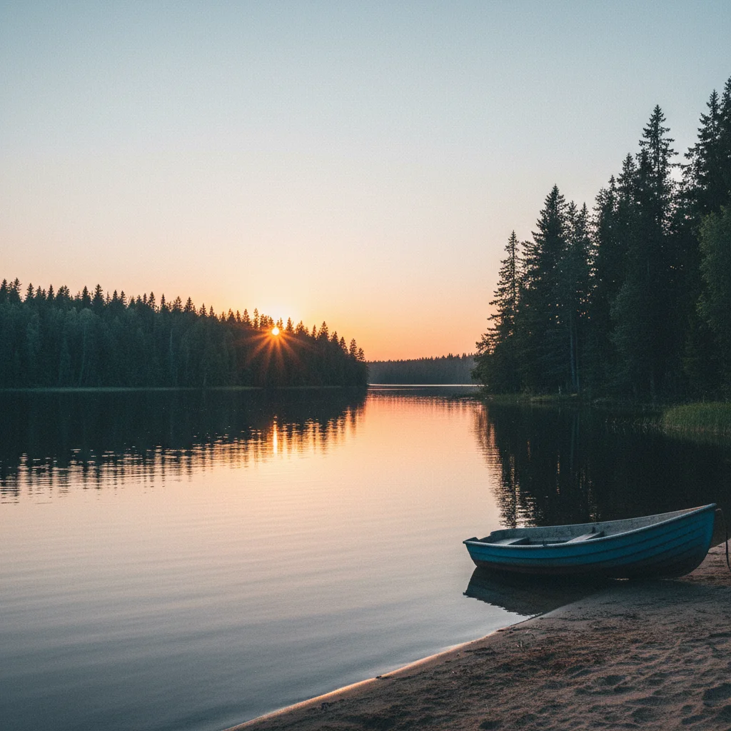 Stiller skandinavischer See bei Sonnenuntergang mit Wald am Ufer