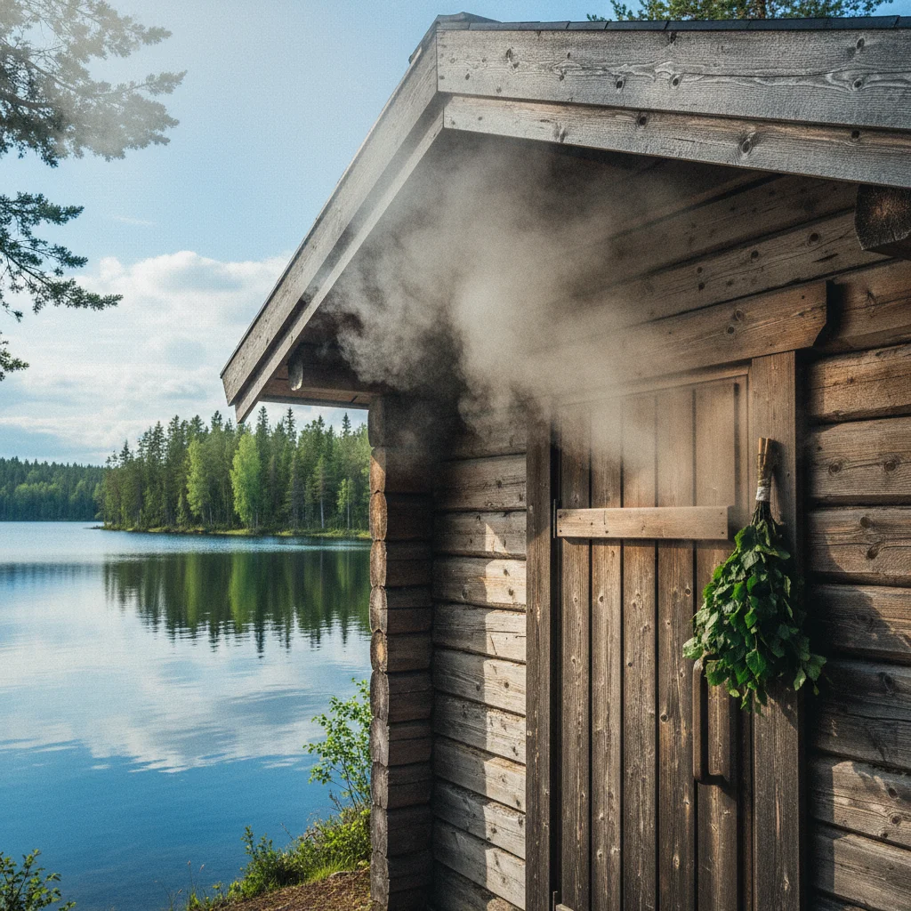 Traditionelle finnische Sauna am See mit Dampf und Birkenquast