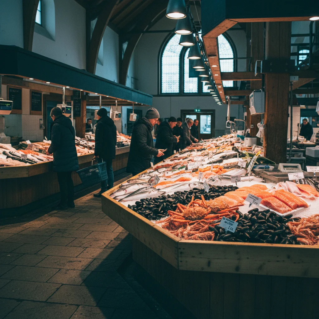 Fischstände im Inneren der Feskekörka in Göteborg mit frischem Fisch und Meeresfrüchten