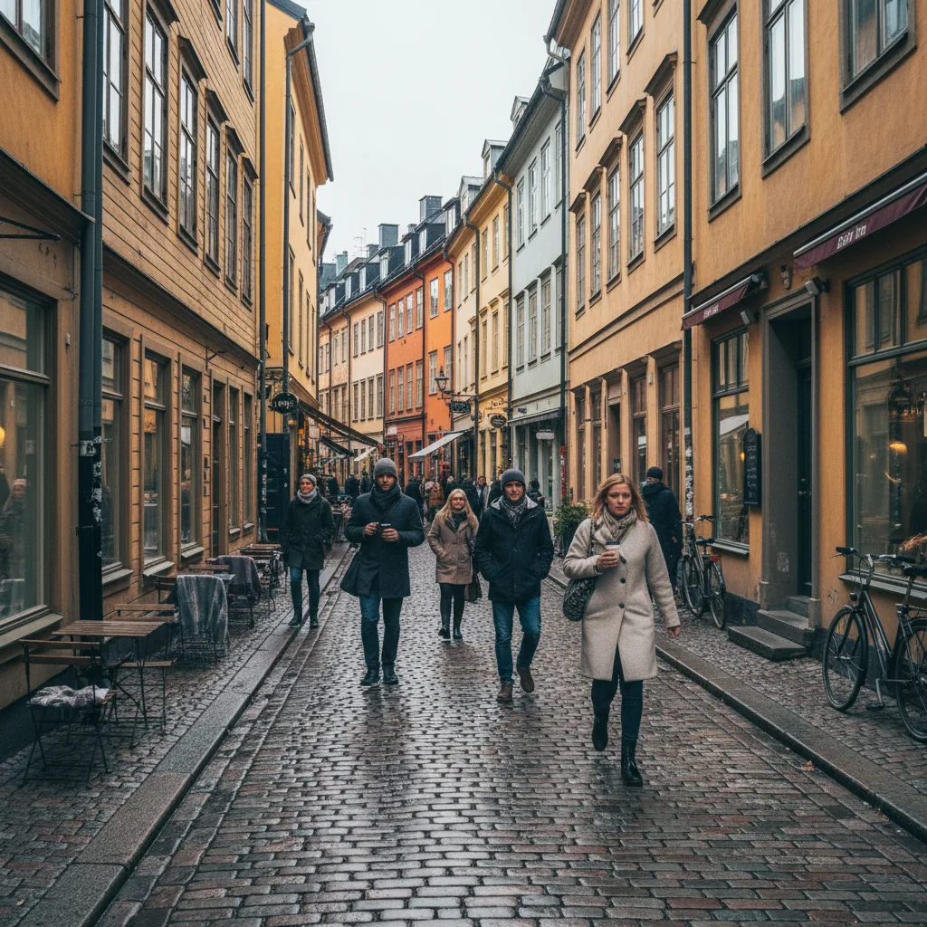 Haga Nygata in Göteborg mit bunten Holzhäusern, Cafés und Kopfsteinpflaster