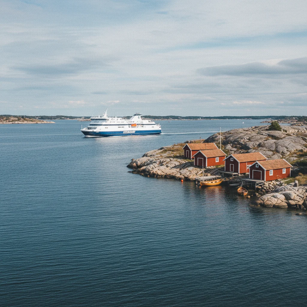 Fähre im Göteborger Schärengarten mit roten Bootshäusern auf einer Felsinsel