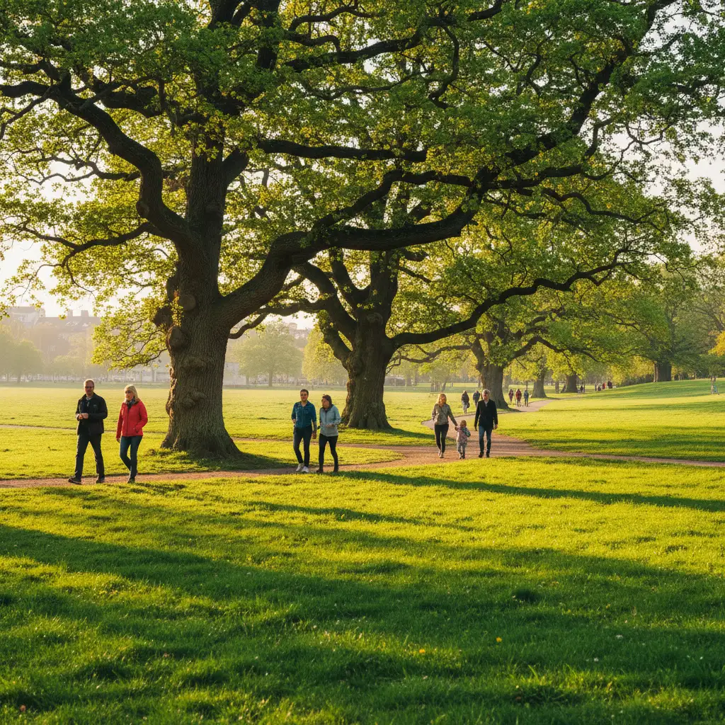 Slottsskogen Park in Göteborg mit Wiesen, alten Bäumen und Spaziergängern im Sonnenlicht