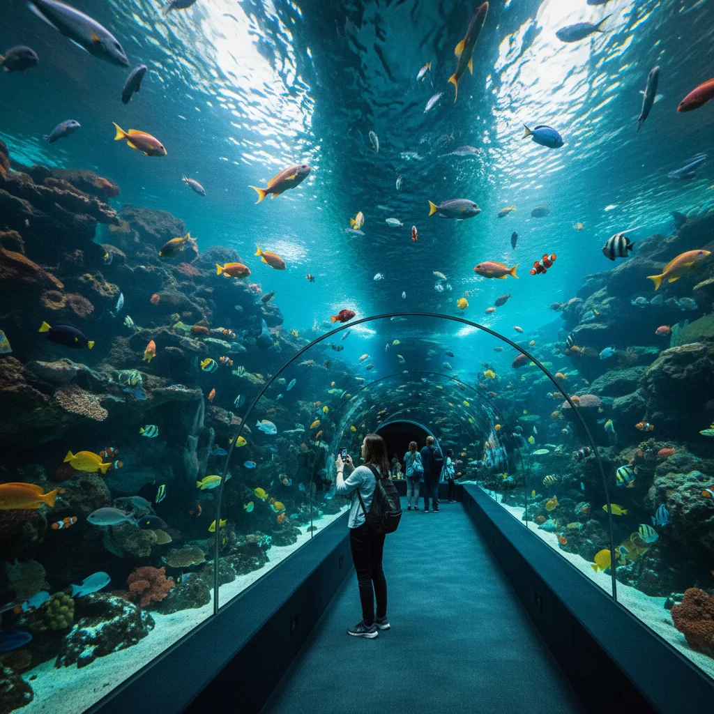 Großes Aquarium im Universeum Göteborg mit tropischen Fischen und Unterwassertunnel