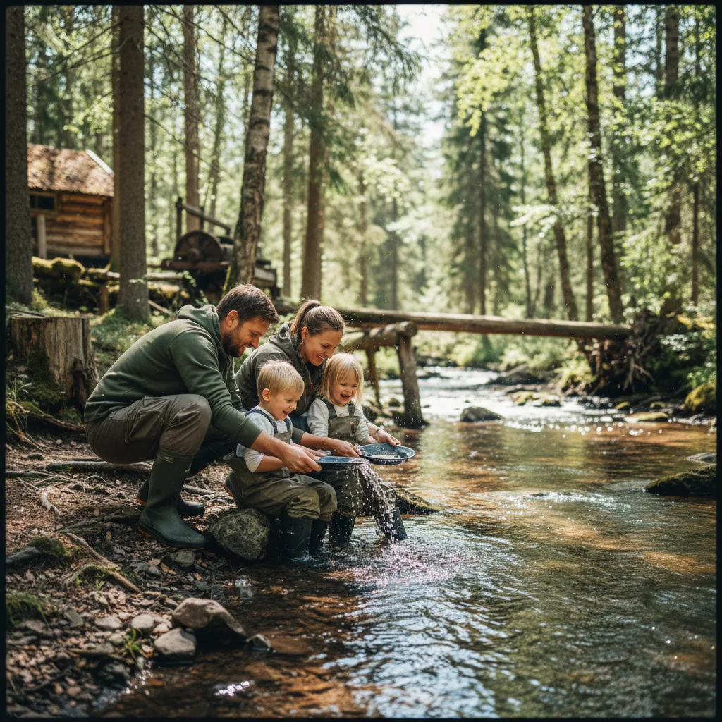 Familie beim Goldwaschen an einem schwedischen Fluss