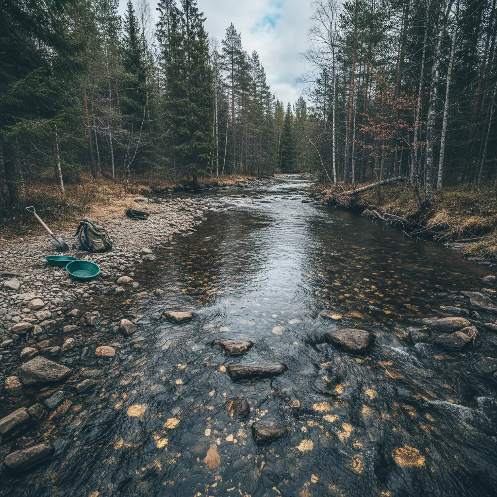 Fluss in Nordschweden mit Kiesbänken, typisches Goldwaschgebiet
