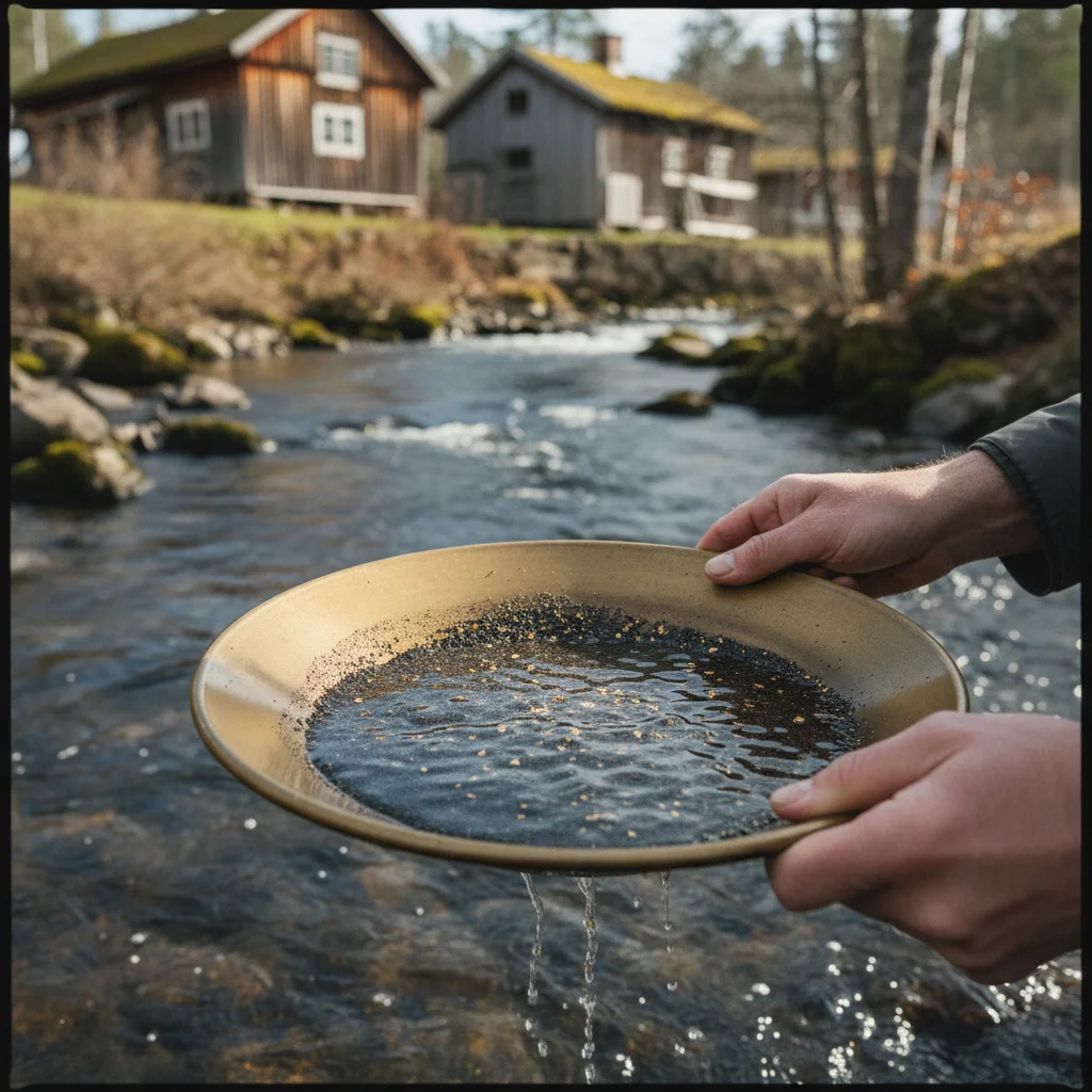 Goldwaschpfanne mit Sediment und kleinen Goldflittern