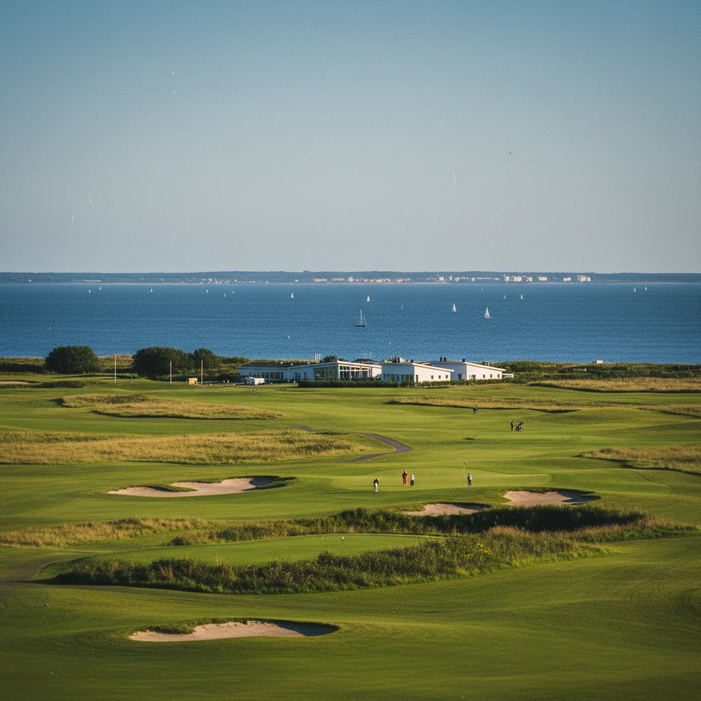Panoramablick über den Barsebäck Golfplatz an der schwedischen Küste mit dem Öresund im Hintergrund