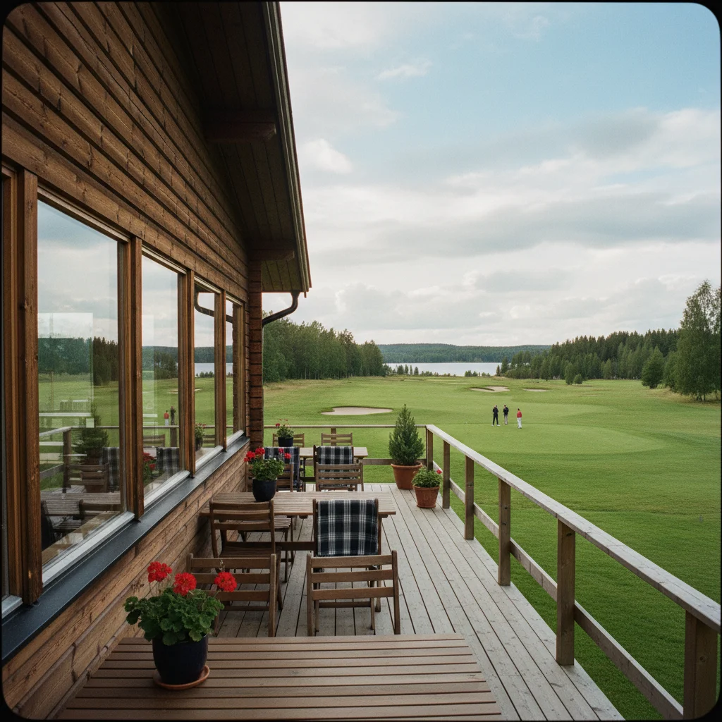 Gemütliches schwedisches Golf-Clubhaus aus Holz mit Terrasse und Blick auf den Platz