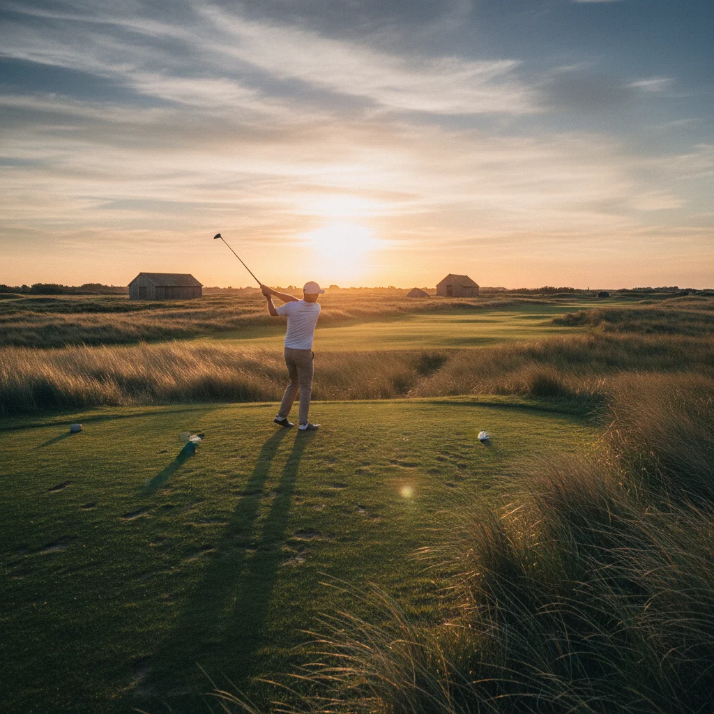 Golfer bei Sonnenuntergang auf einem dänischen Platz