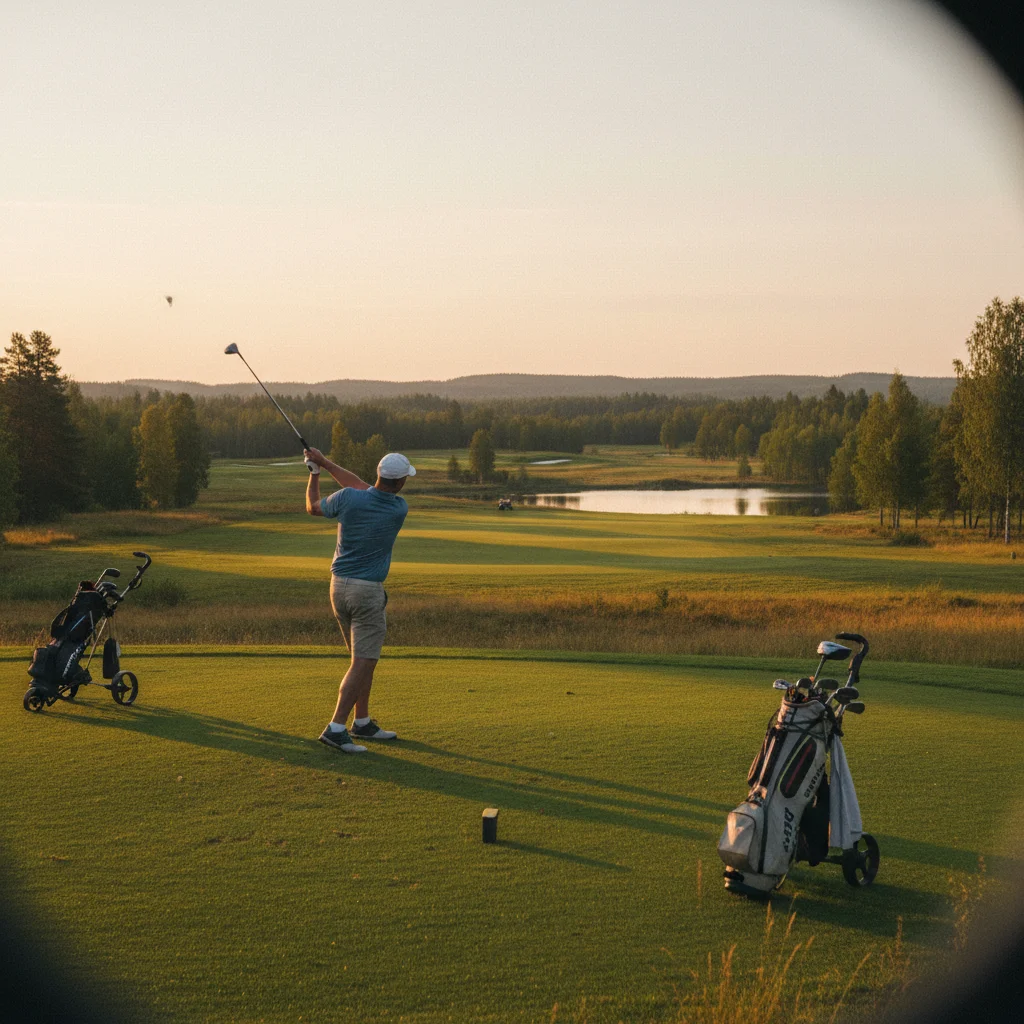 Golfer auf einem schwedischen Golfplatz im goldenen Licht der Mitternachtssonne